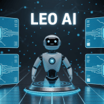 leo ai interface futuriste avec robot assistant et écrans holographiques