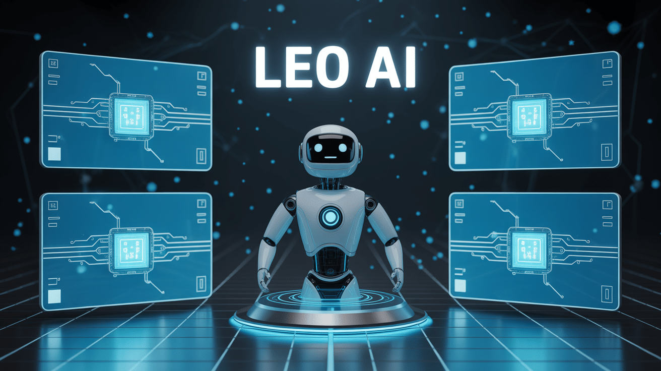 leo ai interface futuriste avec robot assistant et écrans holographiques
