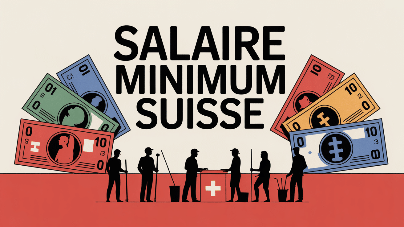 Illustration salaire minimum suisse avec travailleurs et billets