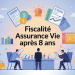 Scène de fiscalité assurance vie après 8 ans avec contrats et documents