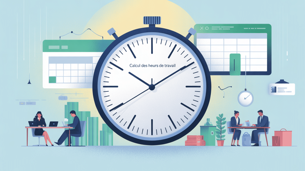 Visuel calcul heure de travail avec horloges, salariés et Excel