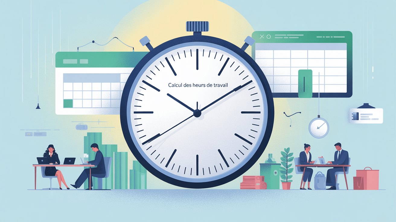 Visuel calcul heure de travail avec horloges, salariés et Excel