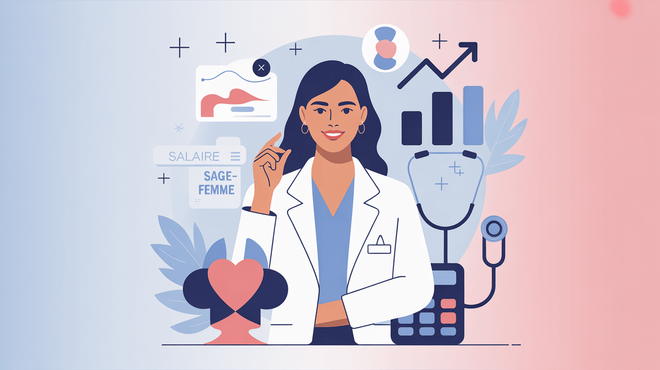 salaire sage femme illustration avec symboles financiers et médicaux