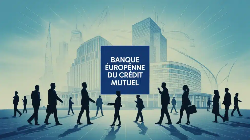 Illustration Banque Européenne du Crédit Mutuel avec graphiques et bâtiments