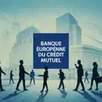 Illustration Banque Européenne du Crédit Mutuel avec graphiques et bâtiments