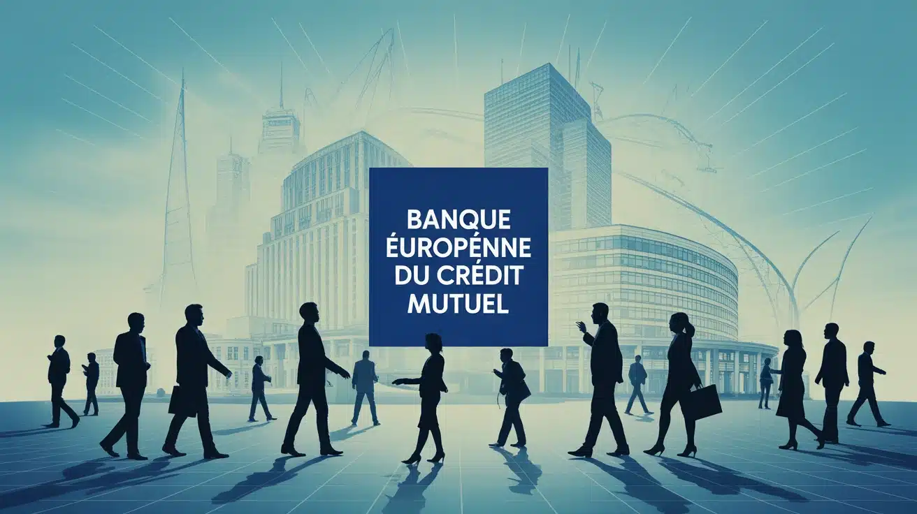 Illustration Banque Européenne du Crédit Mutuel avec graphiques et bâtiments