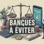 illustration balance financière banques à éviter avec smartphone et pièces
