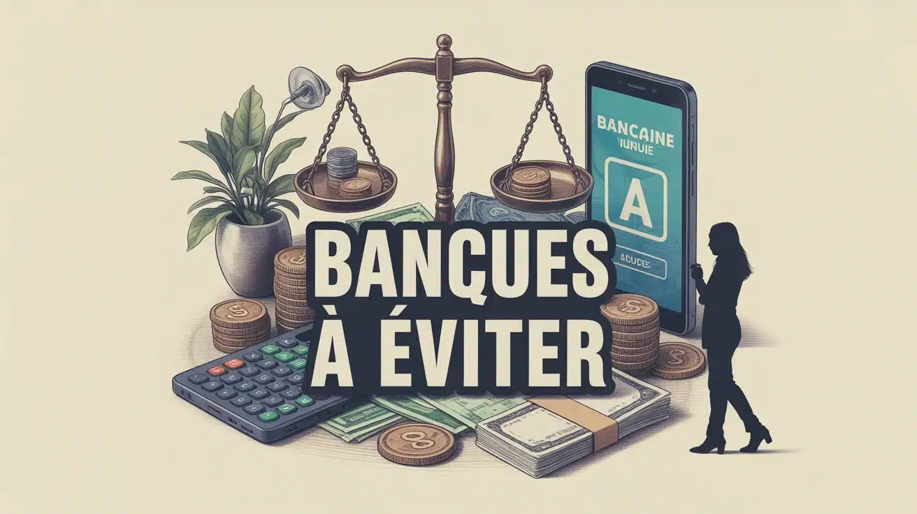 illustration balance financière banques à éviter avec smartphone et pièces