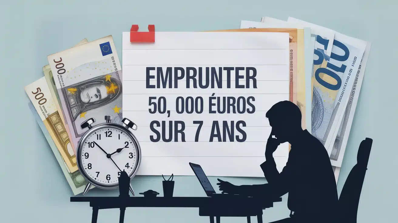 Illustration vectorielle emprunter 50 000 euros sur 7 ans avec billets et horloge