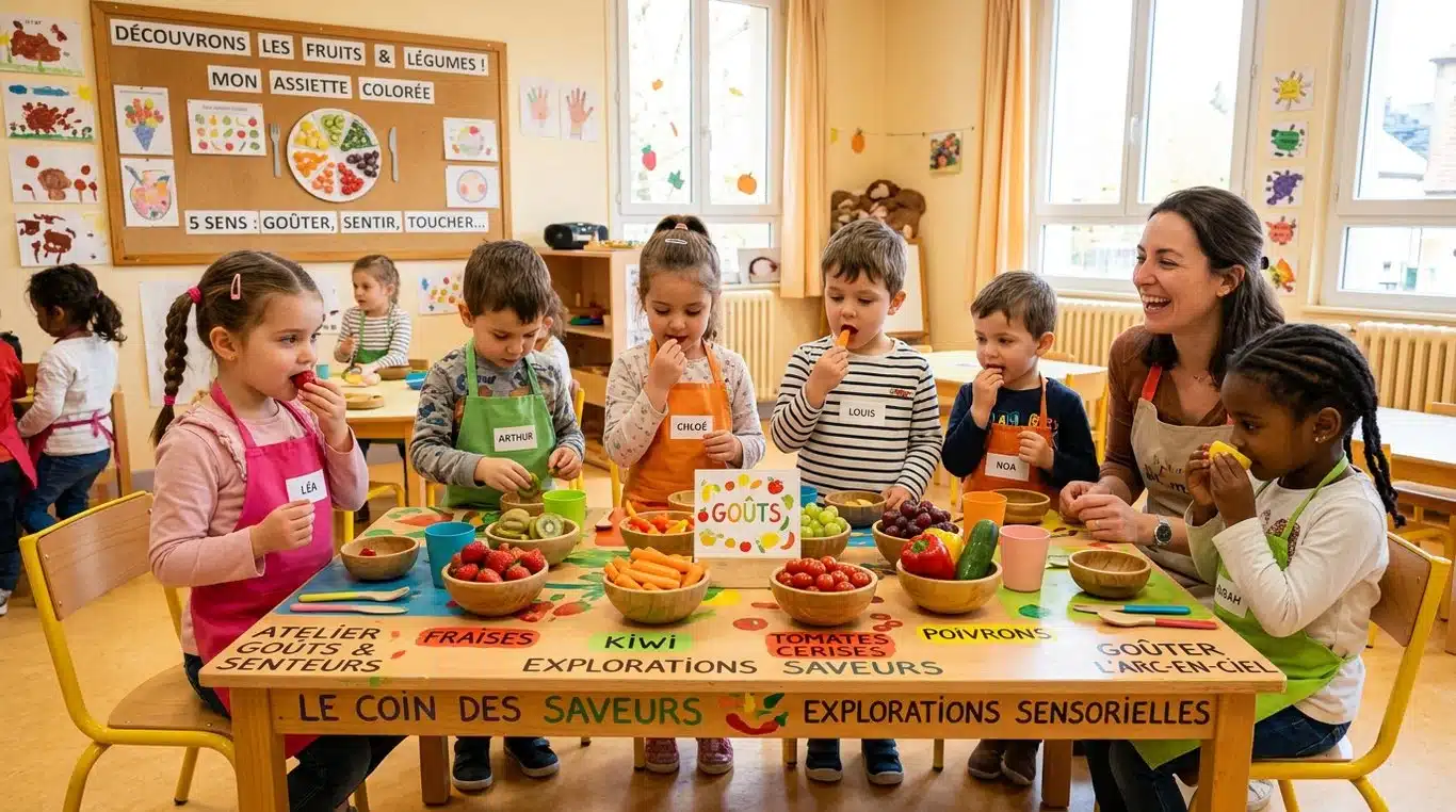 Atelier de dégustation sensorielle en classe de maternelle