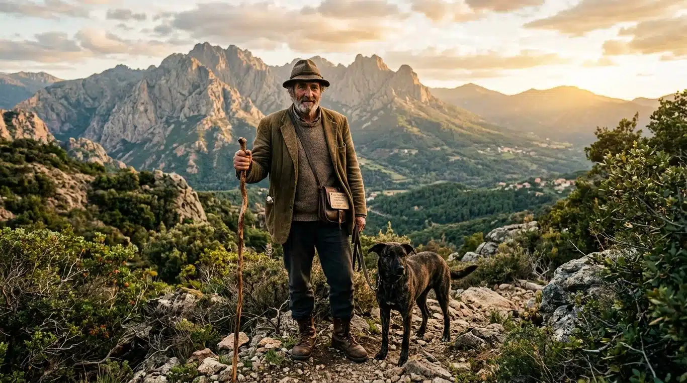 Portrait d'un berger corse avec son chien Cursinu dans le maquis