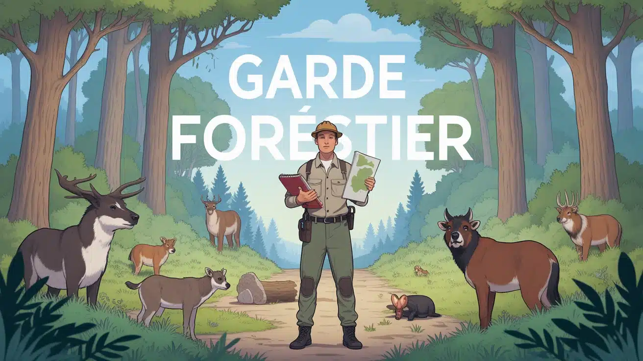 garde forestier en tenue professionnelle en foret avec animaux sauvages