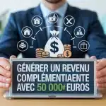 illustration générer un revenu complémentaire avec 50 000 euros sac d'argent et icônes investissement