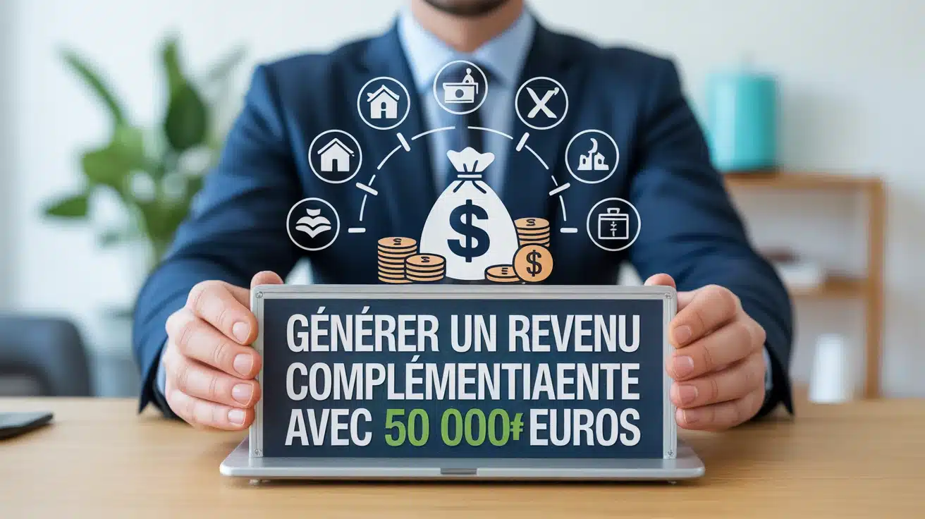 illustration générer un revenu complémentaire avec 50 000 euros sac d'argent et icônes investissement