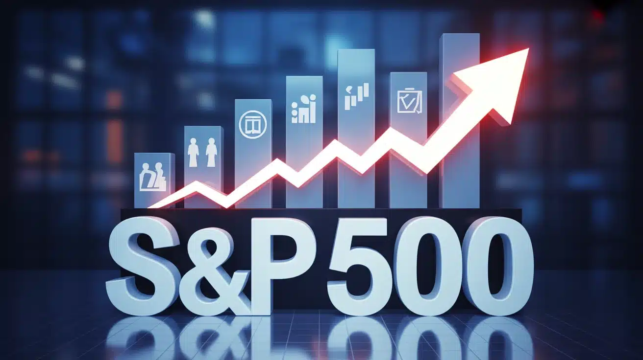 Illustration vectorielle graphique en hausse S&P 500 avec gratte-ciels et flèches