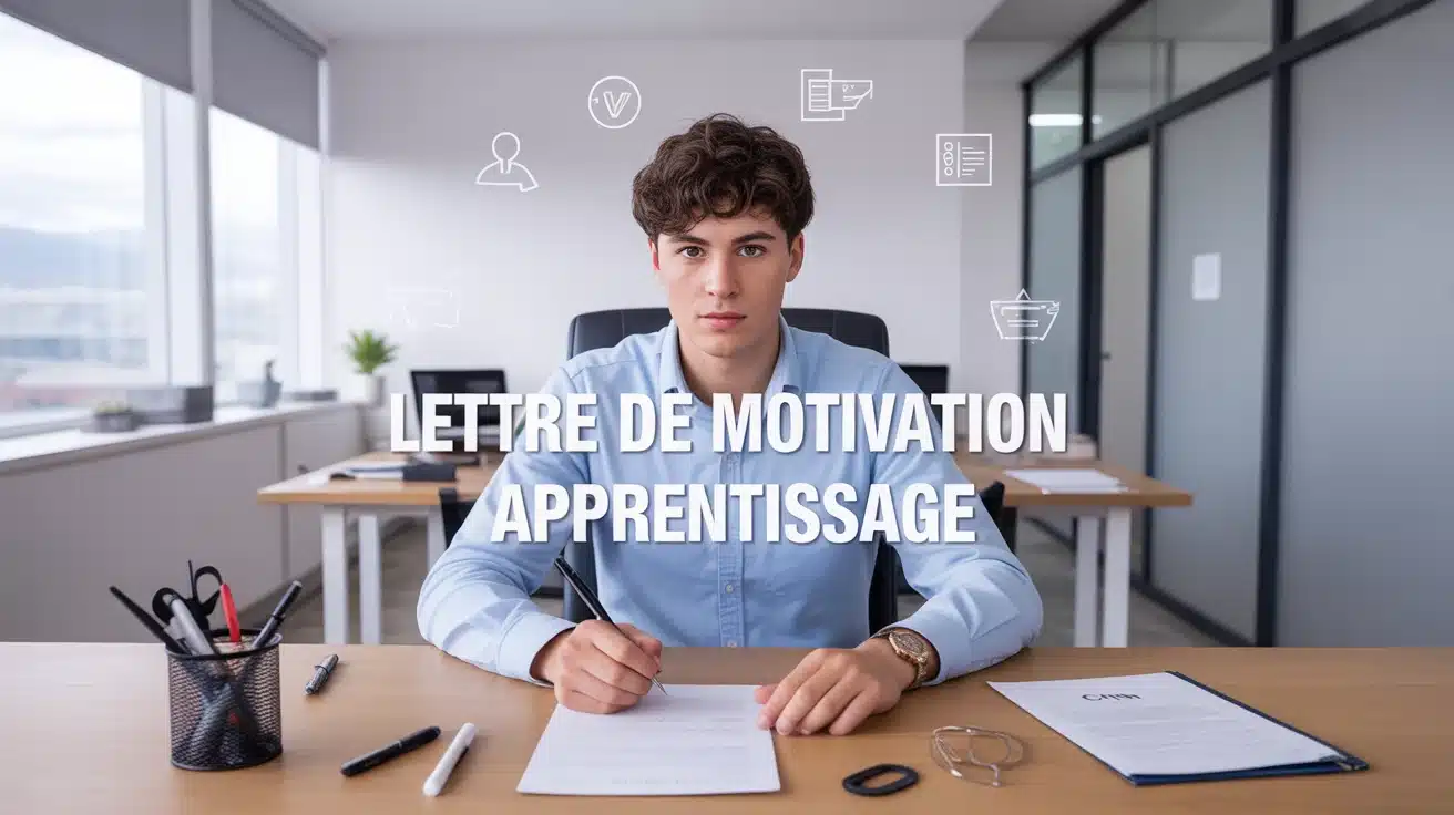 Jeune apprenti écrivant lettre de motivation apprentissage devant bureau moderne