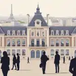 Illustration vectorielle du Lycée Brassaï avec étudiants et fond parisien