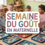Illustration colorée Semaine du Goût en maternelle enfants découvrant aliments