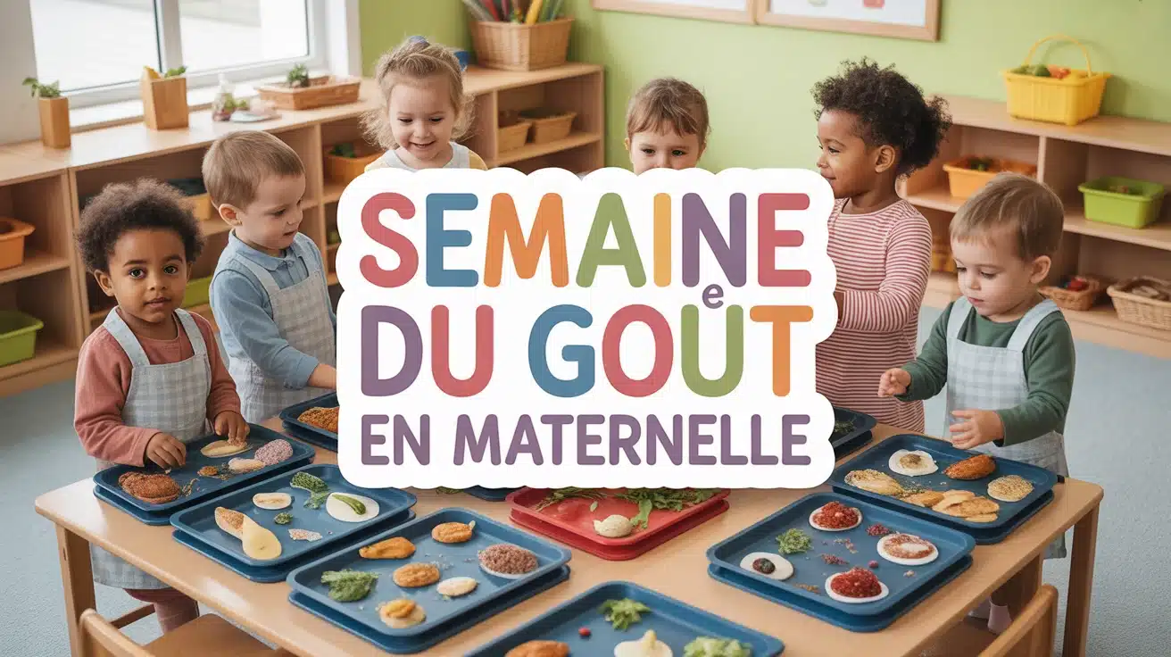 Illustration colorée Semaine du Goût en maternelle enfants découvrant aliments