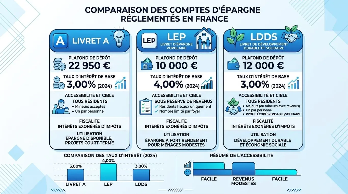 Comparatif visuel des livrets d'épargne réglementés : Livret A, LEP et LDDS