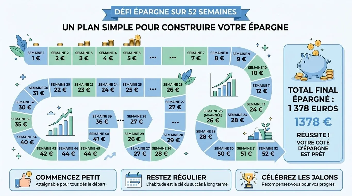 Infographie du défi économie des 52 semaines : progression visuelle de l'épargne