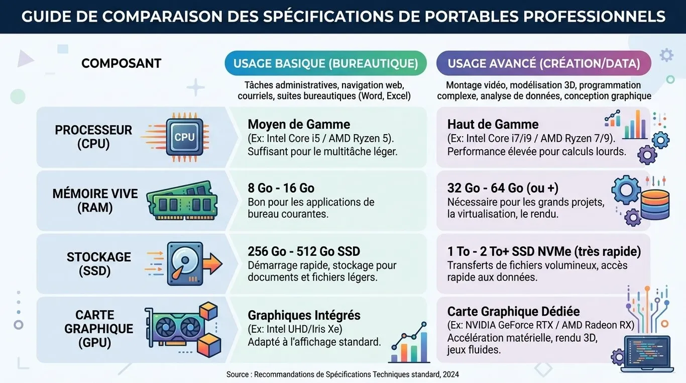 Infographie comparative des spécifications techniques d'un ordinateur portable : usage bureautique vs usage intensif.