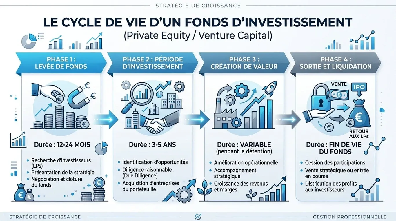 Infographie du cycle de vie d'un fonds d'investissement : levée de fonds, investissement, création de valeur et sortie.
