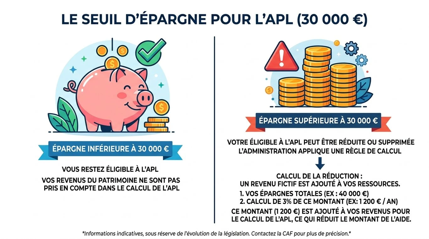 Infographie explicative : le seuil de 30 000 euros de patrimoine et son impact sur le calcul de l'APL.
