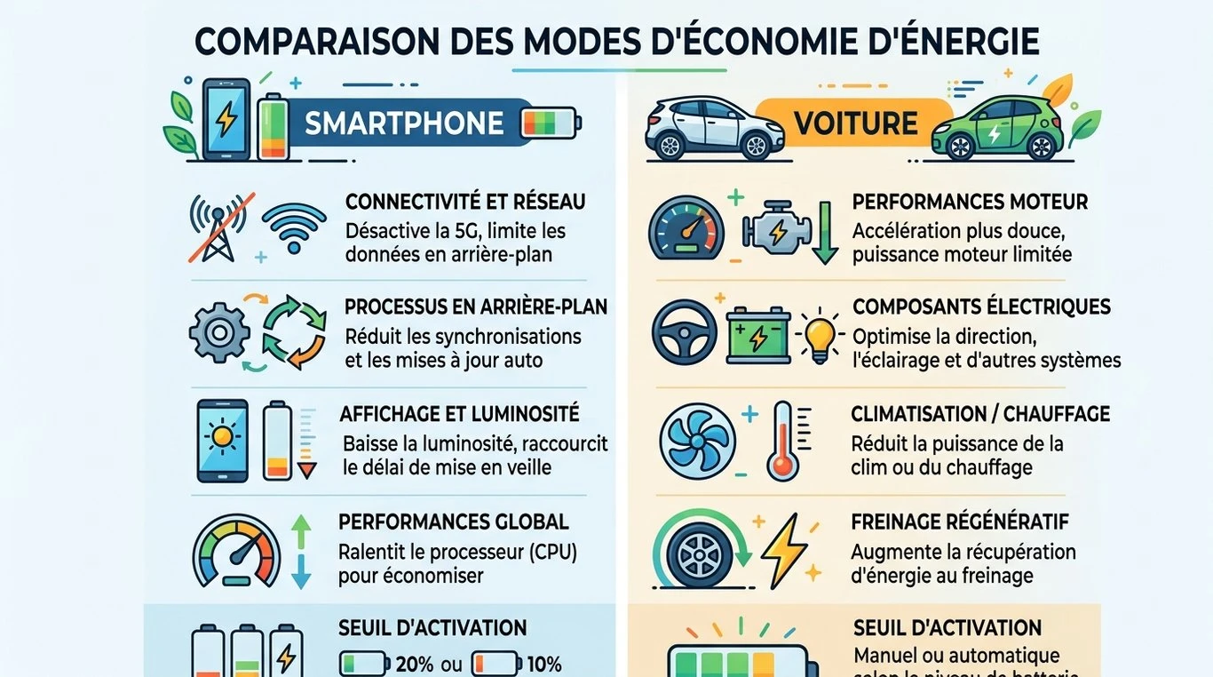 Infographie comparative des effets du mode économie d'énergie sur smartphone et voiture