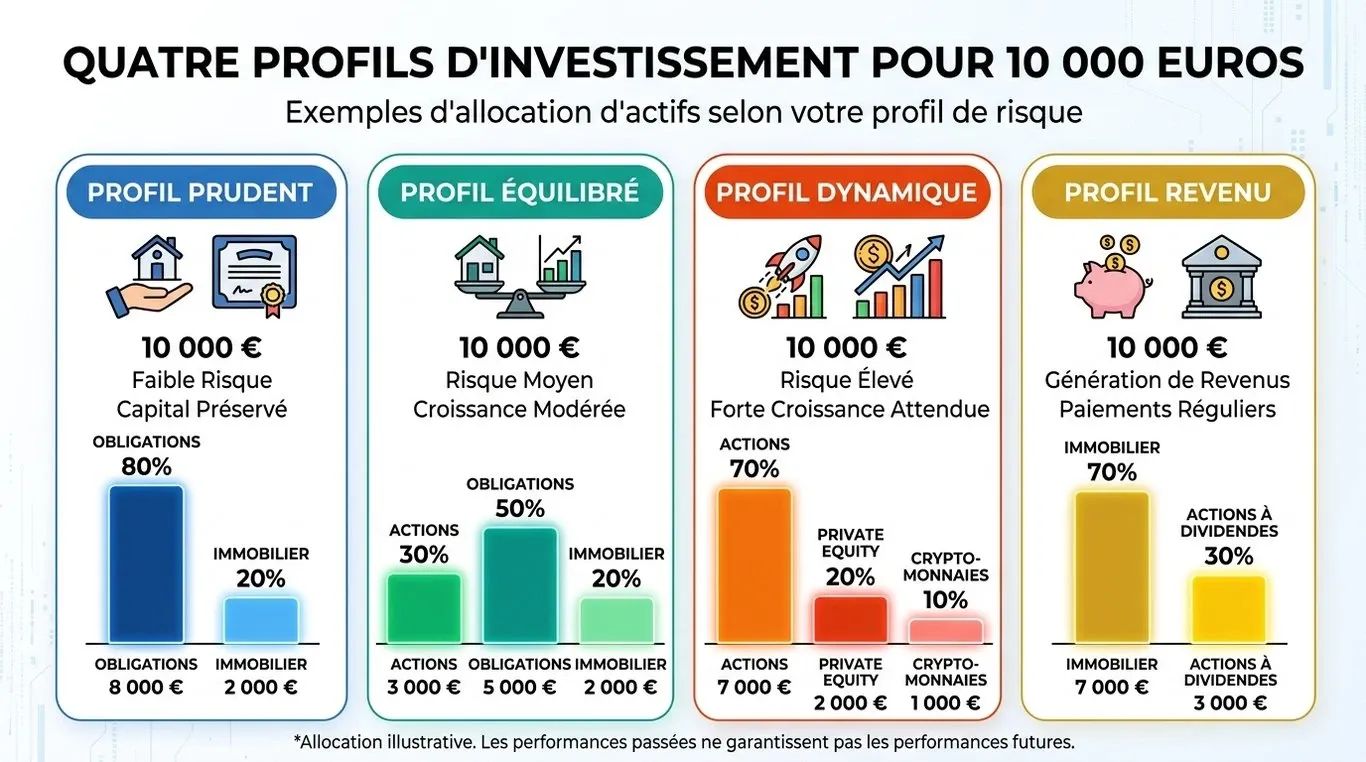 Infographie des stratégies d'investissement pour 10 000 euros selon le profil de risque