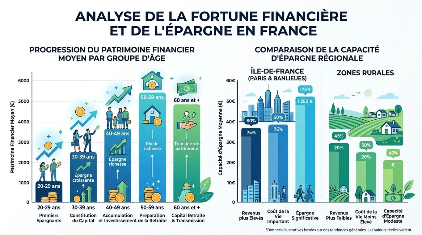 Infographie : Évolution du patrimoine financier moyen par âge et disparités régionales en France