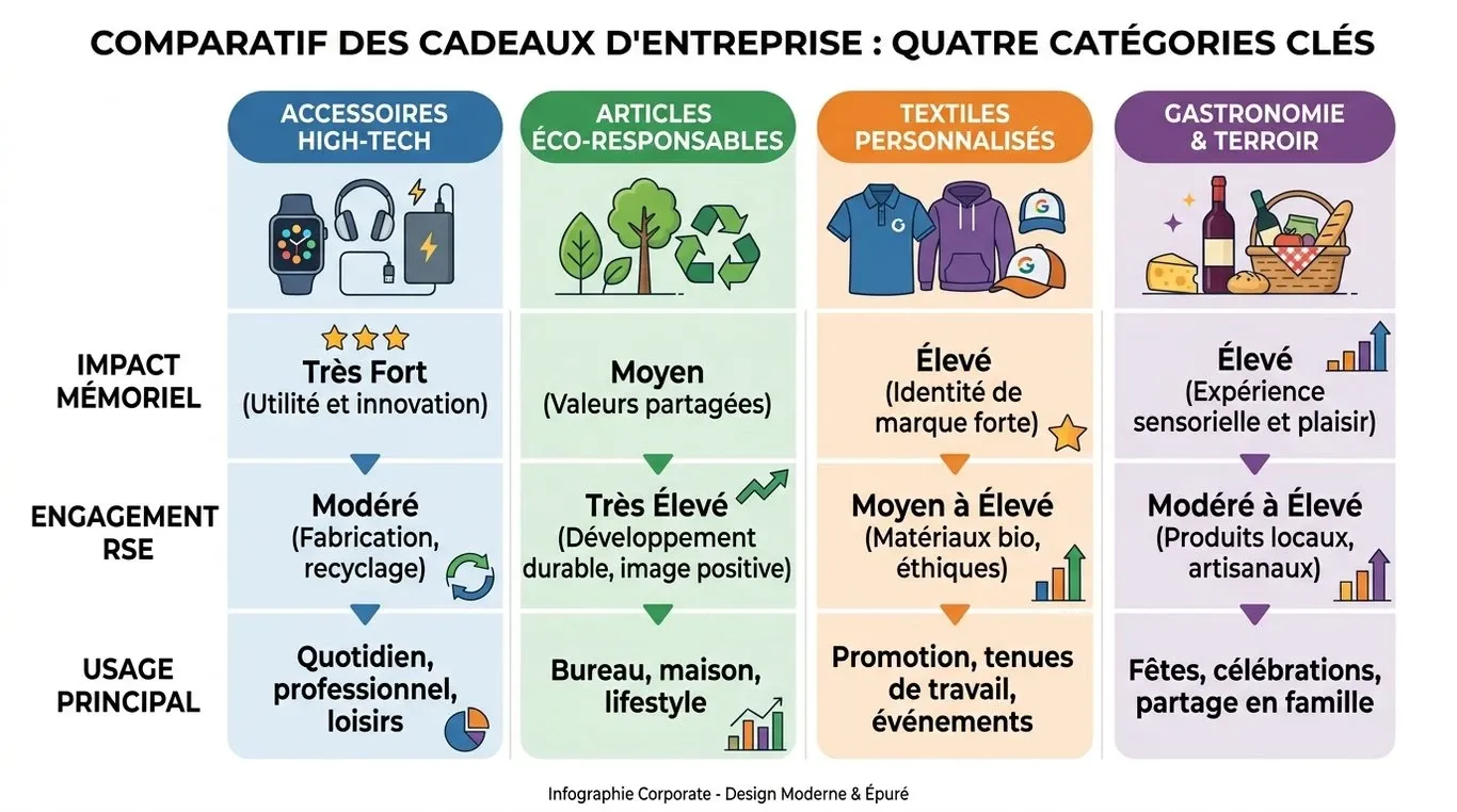 Infographie comparative des types de cadeaux d'entreprise : impact, engagement RSE et usage.