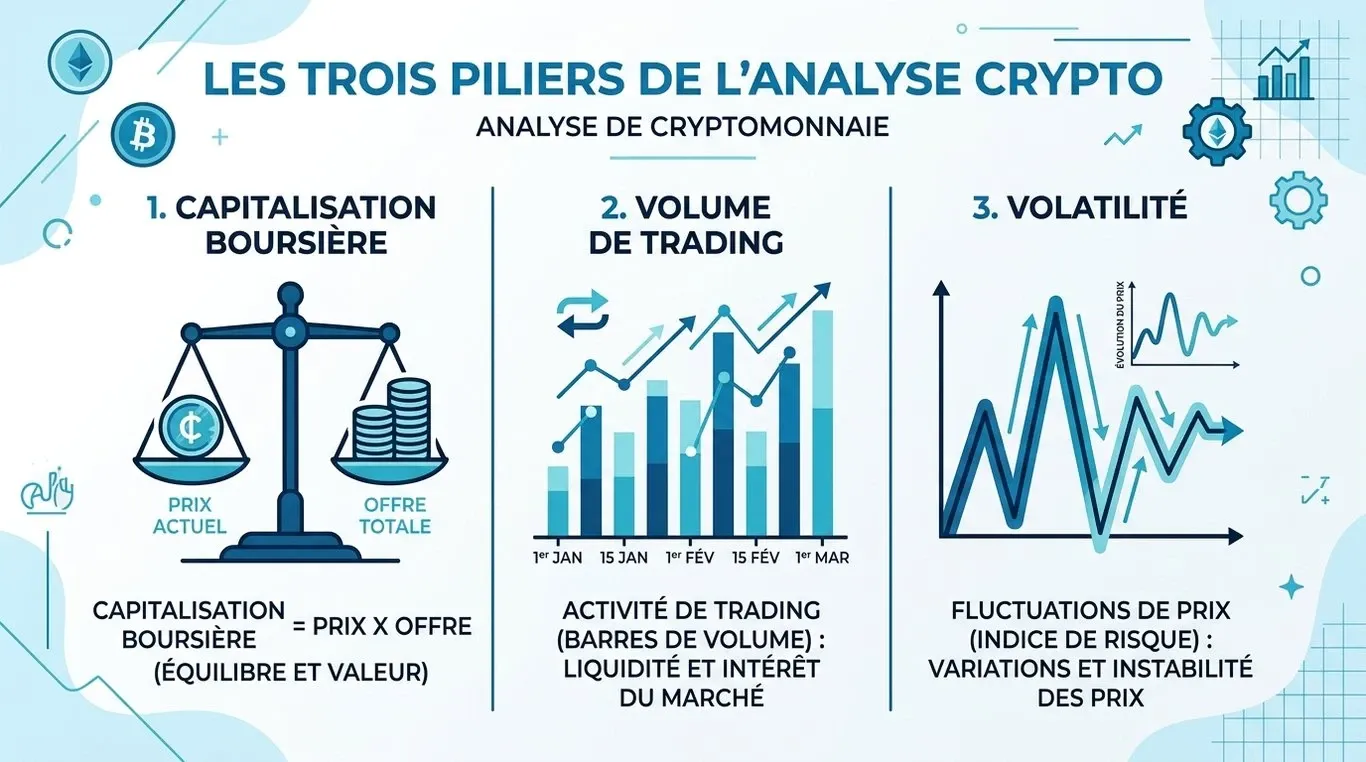 Infographie résumant les trois piliers de l'analyse crypto : capitalisation, volume et volatilité.