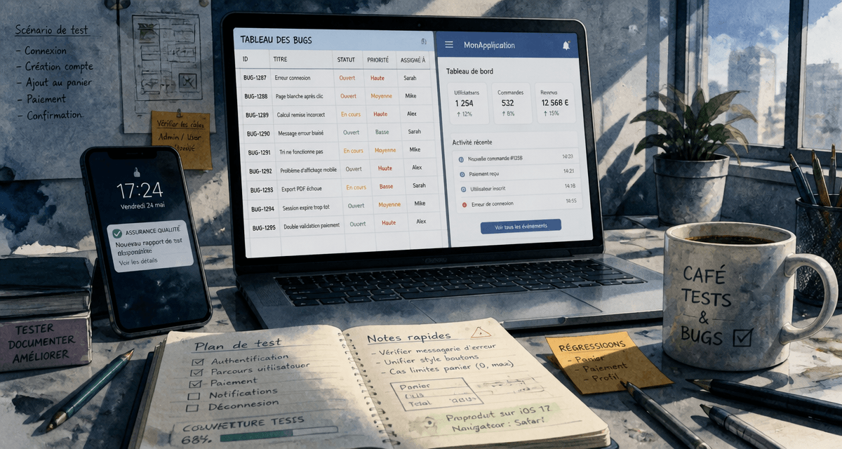 bureau de testeur logiciel avec application en test
