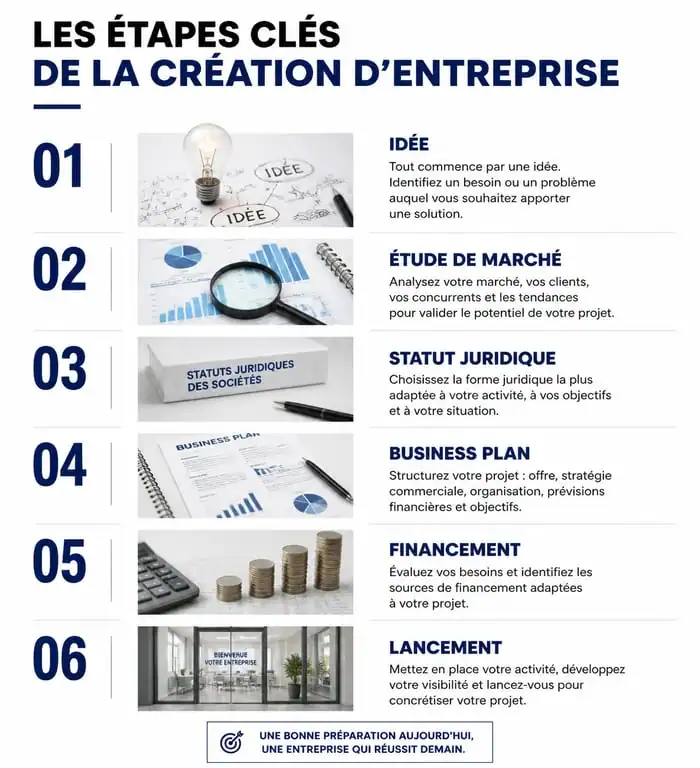 Infographie des étapes clés pour agir et entreprendre : de l'idée au lancement de projet