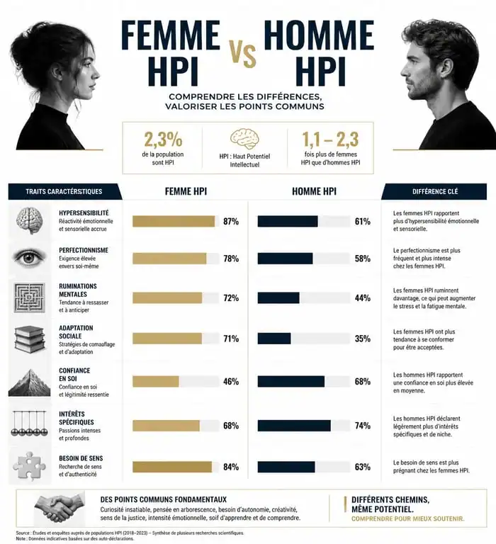 Infographie comparative des signes de la femme HPI et de l'homme HPI pour mieux comprendre les spécificités du haut potentiel intellectuel féminin.