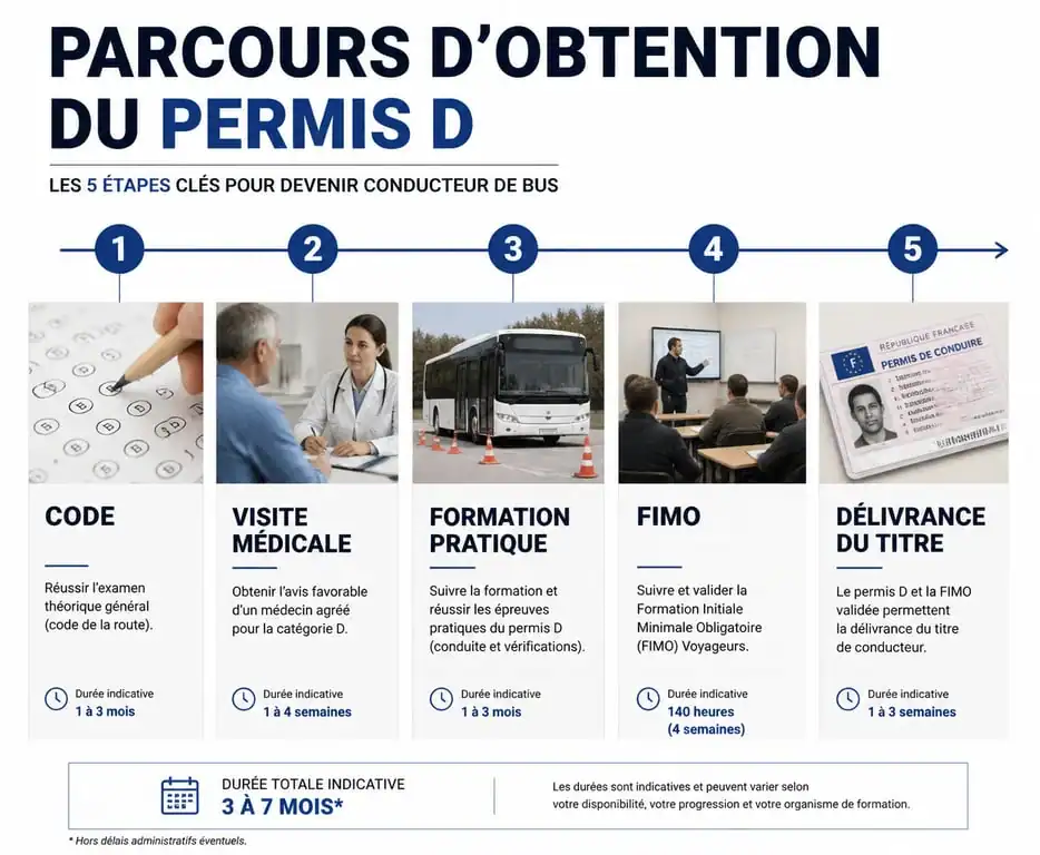 Infographie du parcours d'obtention du permis D et durée de formation