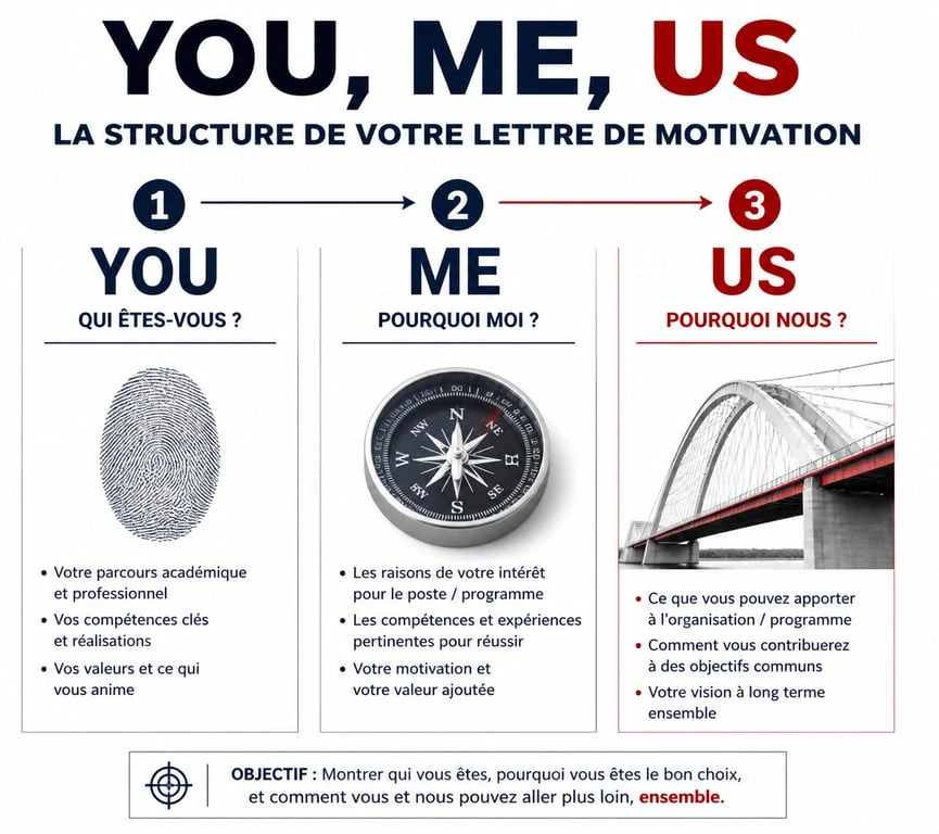 Schéma de la structure d'une lettre de motivation pour une école avec la méthode Vous, Moi, Nous.