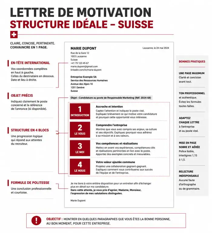 Structure d'une lettre de motivation pour la Suisse : guide visuel des sections indispensables