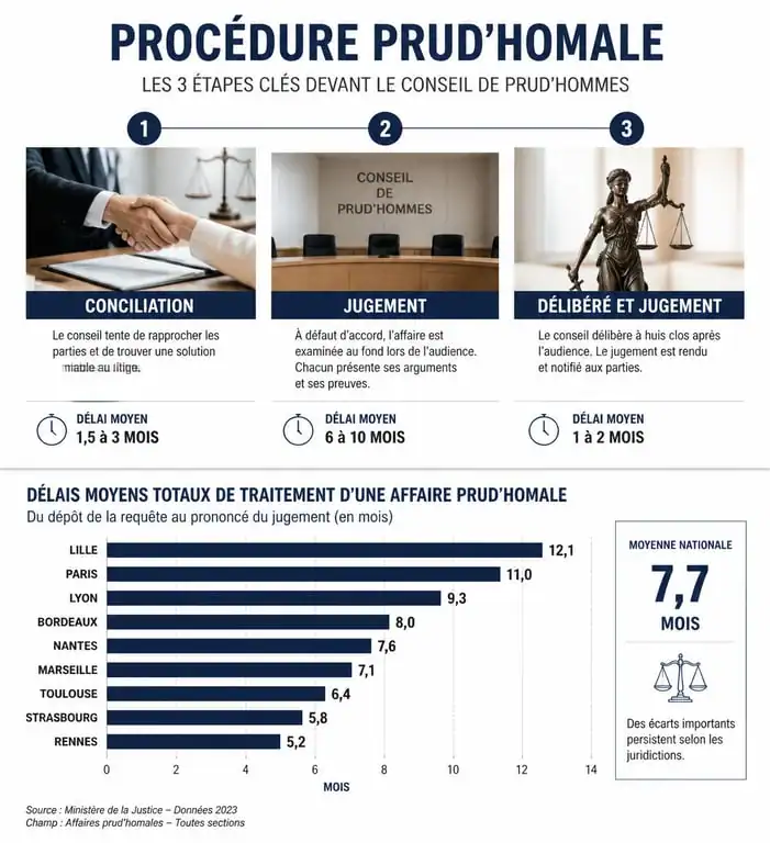 Infographie des délais moyens d'une procédure aux prud'hommes en 2024 par ville et étapes clés