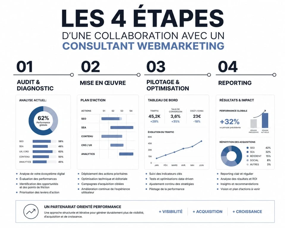 Infographie des étapes de collaboration avec un webmarketing freelance : audit, mise en œuvre, pilotage et reporting.