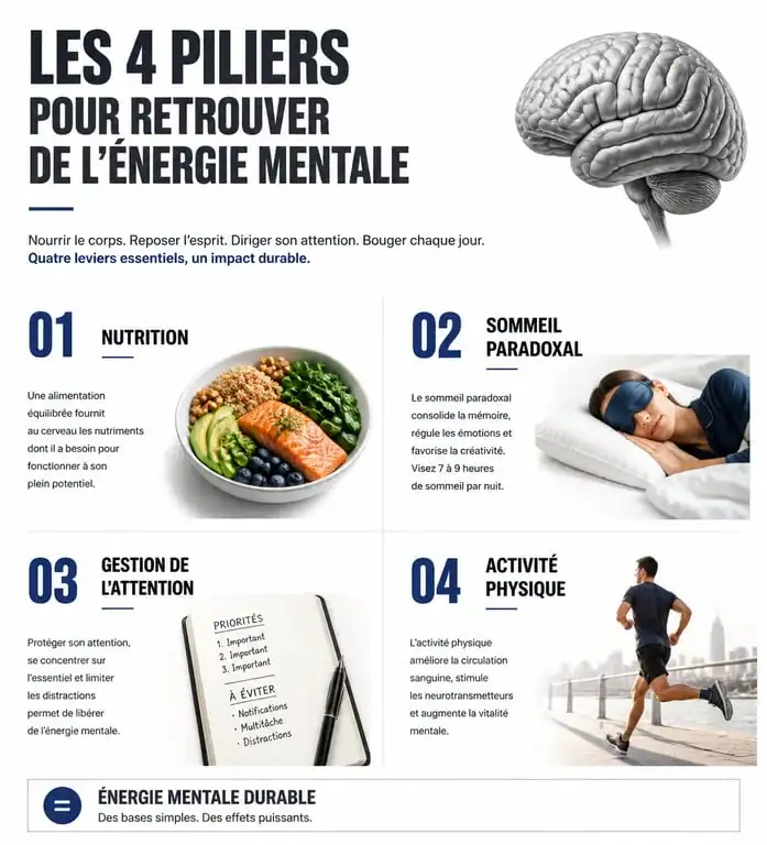 Infographie des 4 piliers pour retrouver de l'énergie mentale et lutter contre la fatigue cognitive