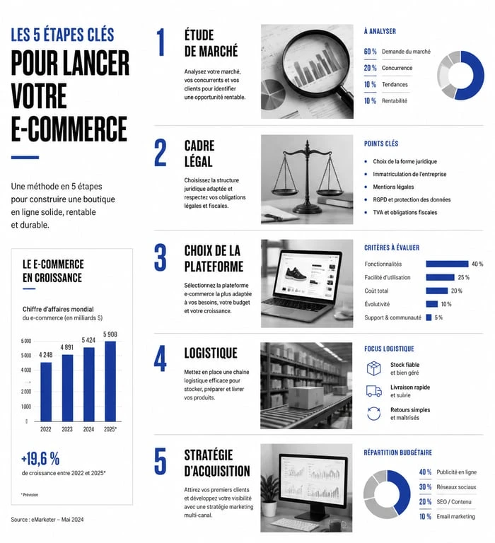 Infographie des étapes pour se lancer dans le e-commerce