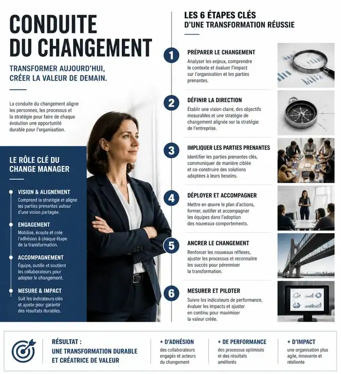Infographie sur le rôle et les étapes clés du Change Manager dans la conduite du changement en entreprise