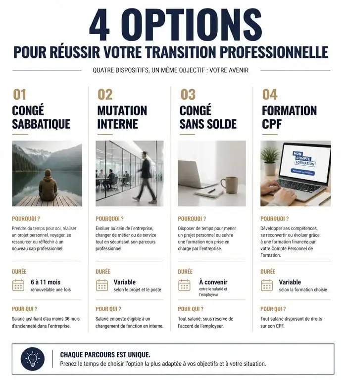 Infographie des options de transition professionnelle pour ceux qui en ont marre de leur travail