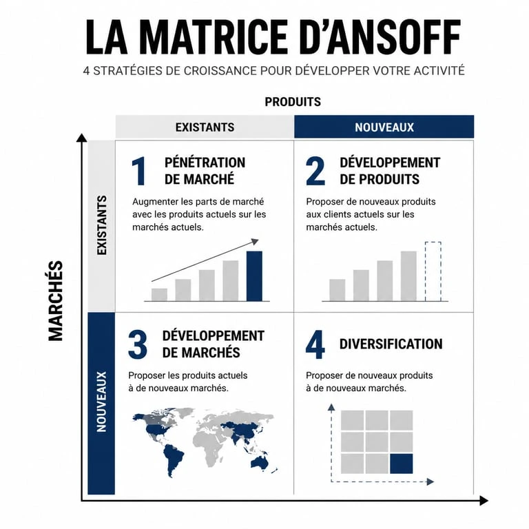 Infographie de la matrice d'Ansoff illustrant les quatre stratégies de croissance : pénétration de marché, développement de produits, développement de marchés et diversification.