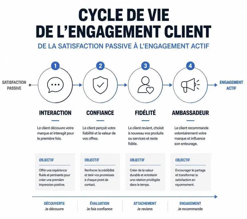 Infographie illustrant le cycle de vie de l'engagement client et les étapes de la fidélisation