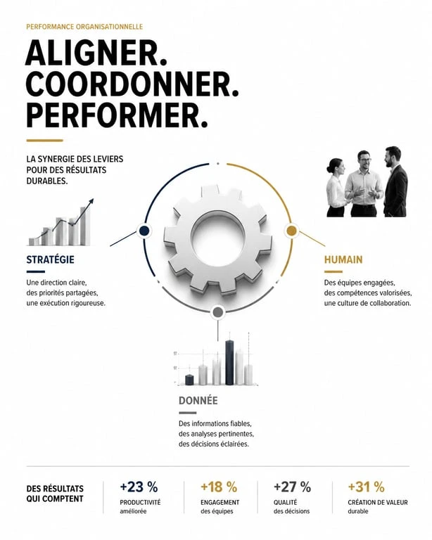 Schéma conceptuel illustrant la performance organisationnelle : synergie entre stratégie, capital humain et pilotage par la donnée.