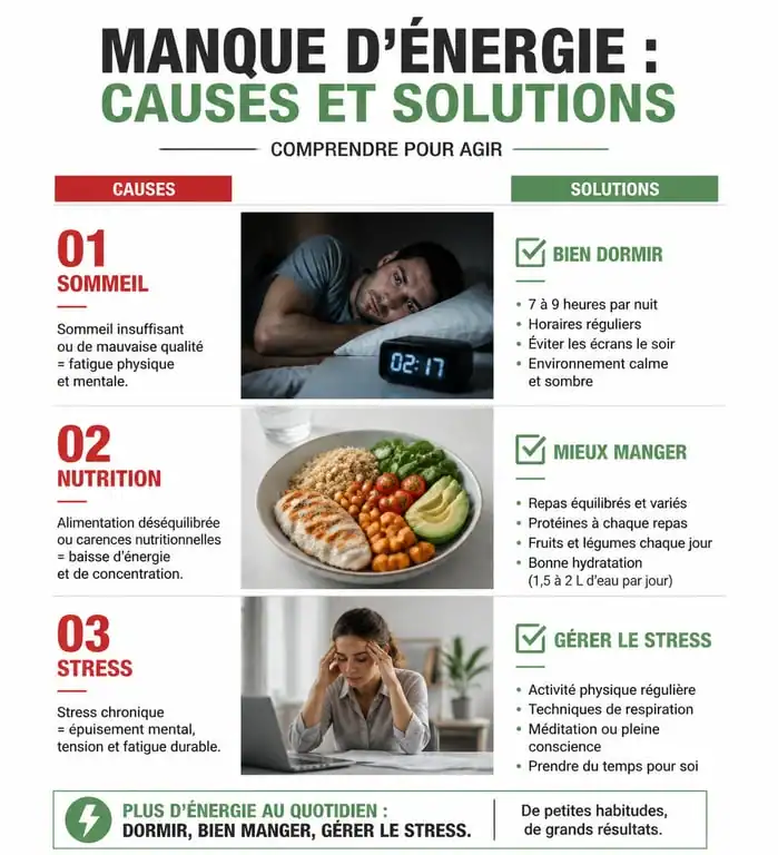 Infographie sur les causes et solutions du manque d'énergie et de la fatigue