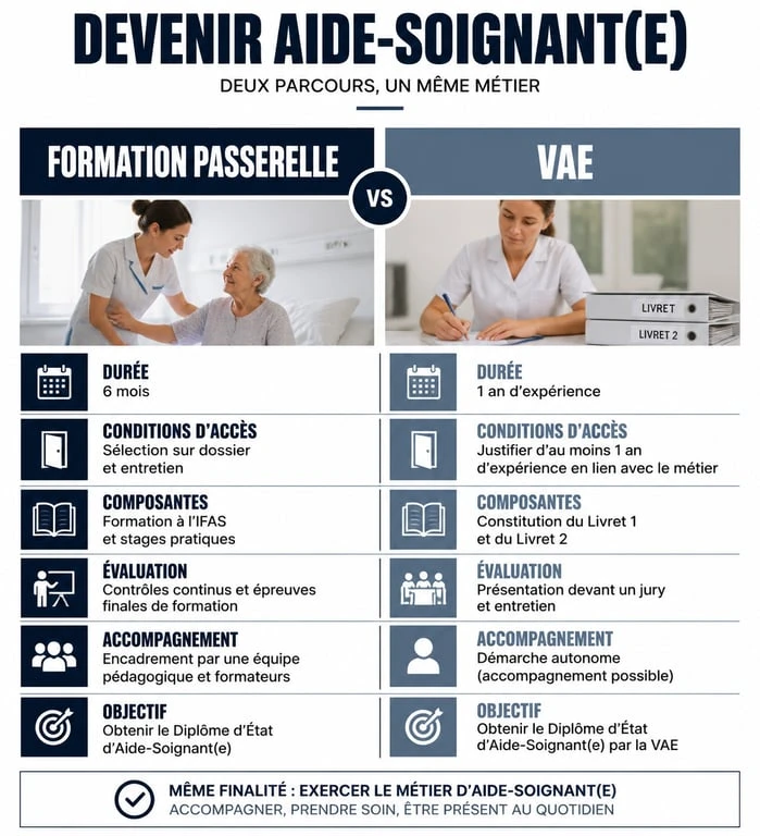 Comparatif formation passerelle et VAE pour devenir aide-soignant quand on est AMP